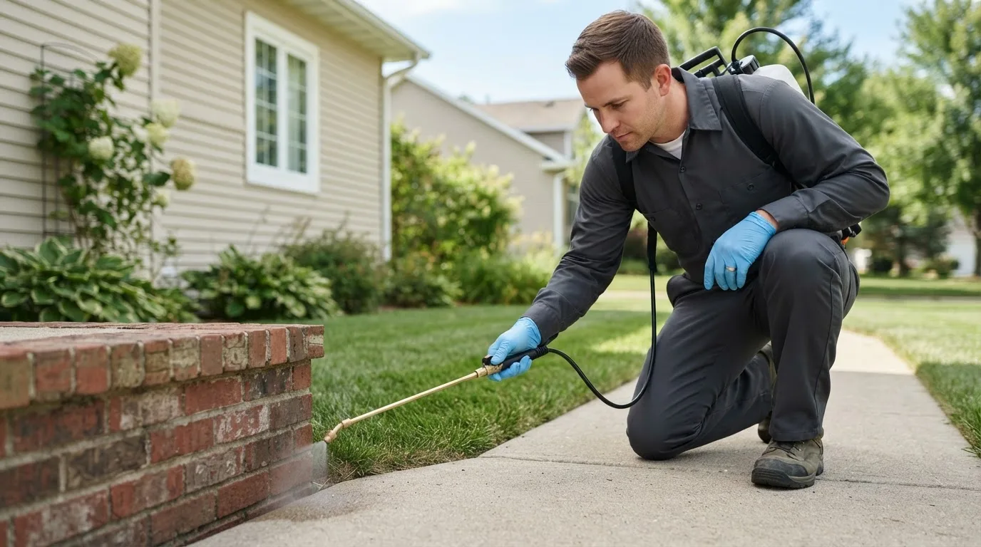 Pest control technician treating a home near Anderson, MO